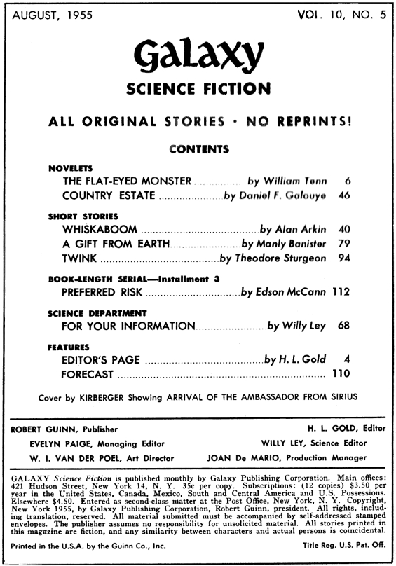 Galaxy, August 1955 - table of contents (note that it DOES NOT include A World Of Talent by Philip K. Dick)