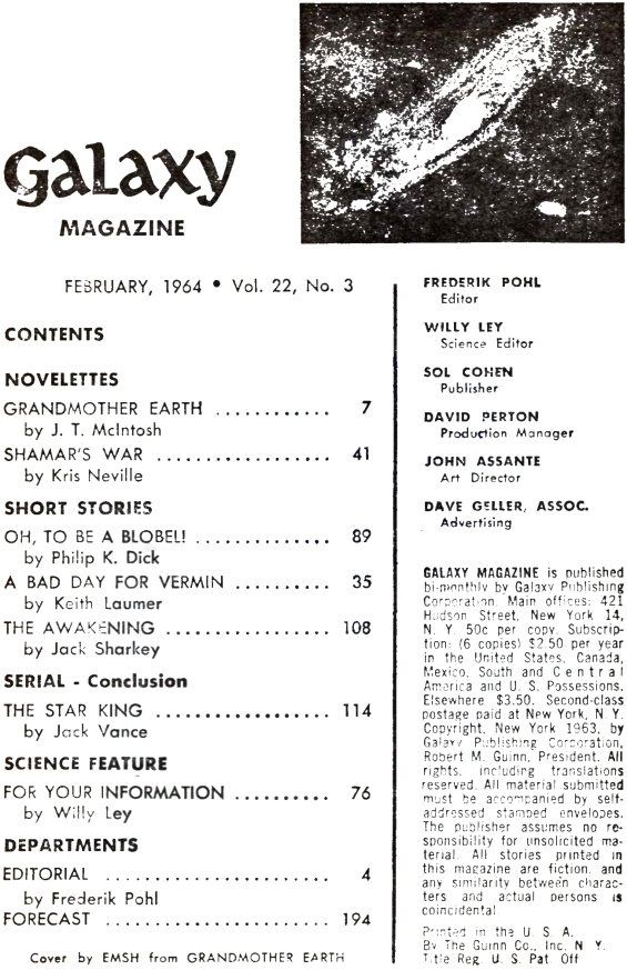 Galaxy, February 1964 - Table of contents (Oh To Be A Blobel by Philip K. Dick)