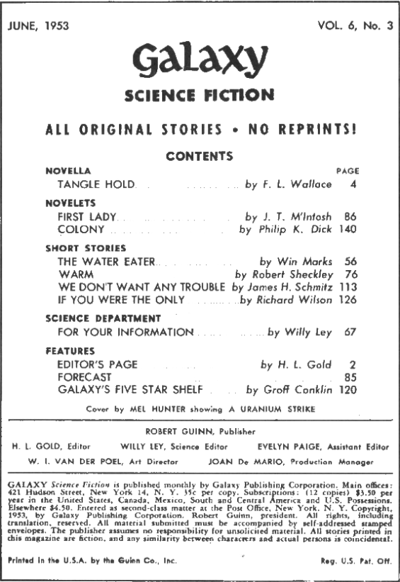 Galaxy Science Fiction, June 1953 - Table of contents (includes Colony by Philip K. Dick)