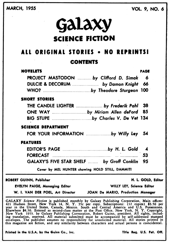 Galaxy Science Fiction, March 1955 table of contents