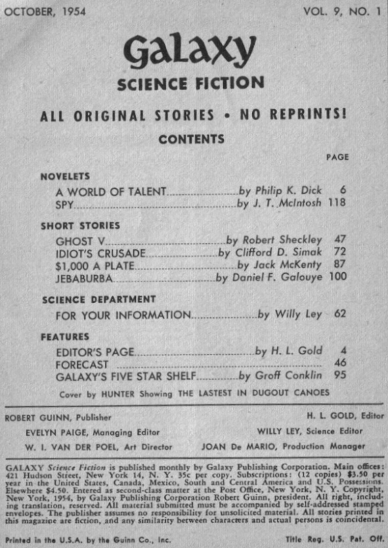 Galaxy Science Fiction, October 1954 - Table of contents (includes A World Of Talent by Philip K. Dick)