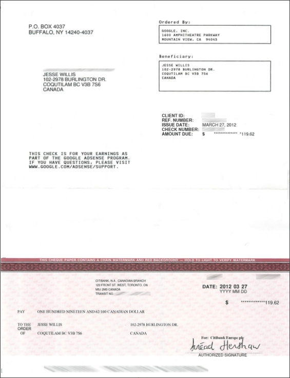 Google AdSense cheque for January and February 2012