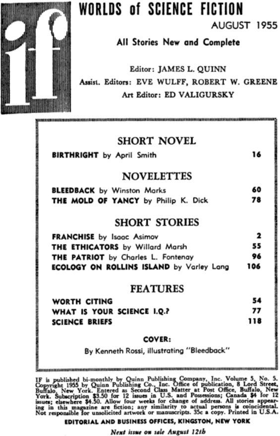 If, August 1955 - Table Of Contents - (includes The Mold Of Yancy by Philip K. Dick)