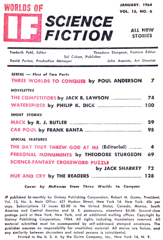 If, January 1954 - table of contents (includes Waterspider by Philip K. Dick)
