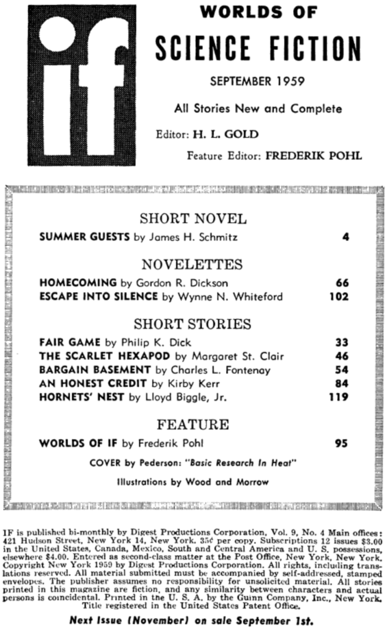 If, September 1959 - table of contents (includes Fair Game by Philip K. Dick)