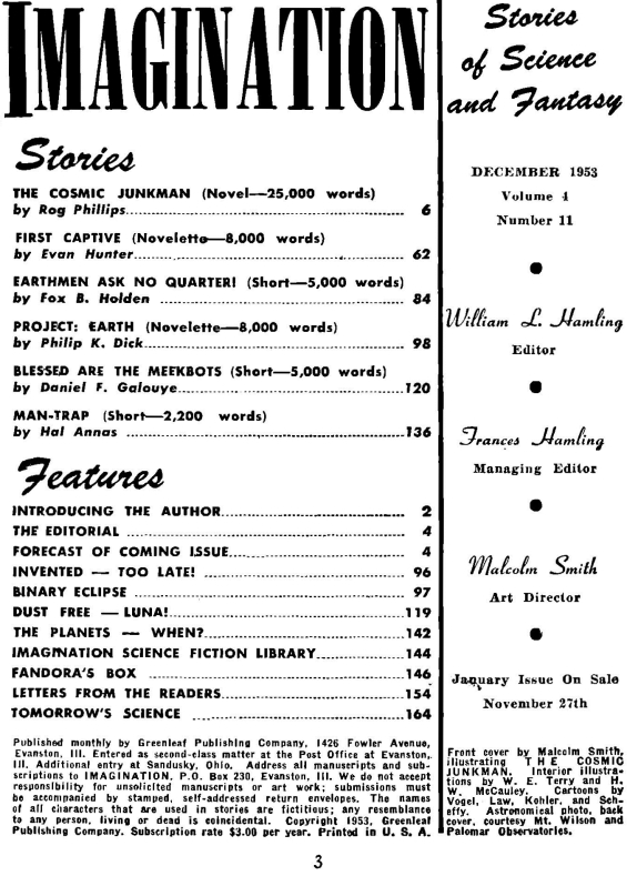 Imagination, December 1953 - Table of contents (includes Project: EARTH by Philip K. Dick)
