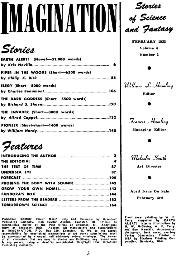 Imagination, February 1953 - table of contents (includes Piper In The Woods by Philip K. Dick)