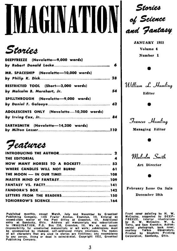 Imagination, January 1953 - table of contents (includes Mr. Spaceship by Philip K. Dick)