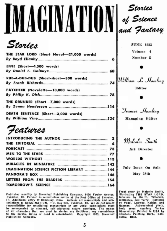 Imagination, June 1953 - table of contents (includes Paycheck by Philip K. Dick)