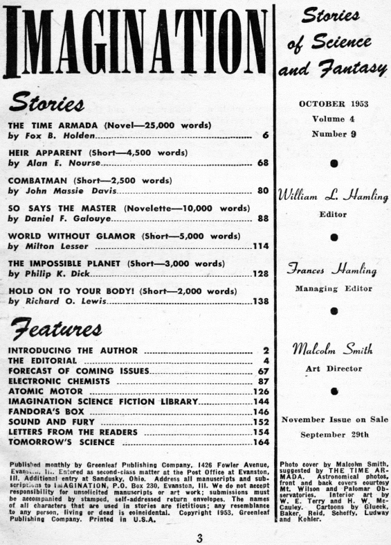Imagination, October 1953 - table of contents (includes The Impossible Planet by Philip K. Dick)