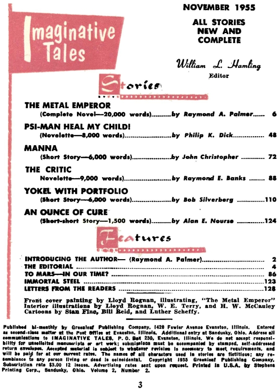 Imaginative Tales, November 1955 - table of contents (includes Psi-Man Heal My Child! by Philip K. Dick)