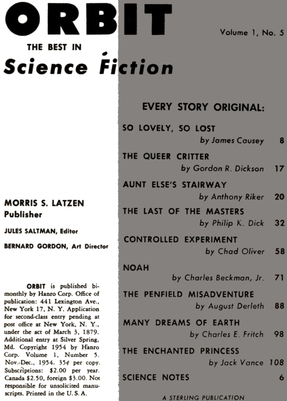 ORBIT Science Fiction No. 5 - Table of contents (includes The Last Of The Masters by Philip K. Dick)