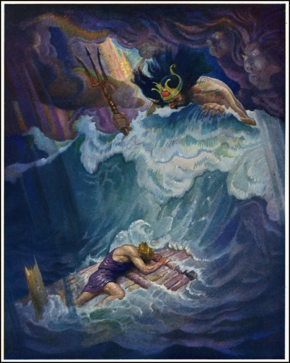 Odysseus and the raft - illustration by N.C. Wyeth