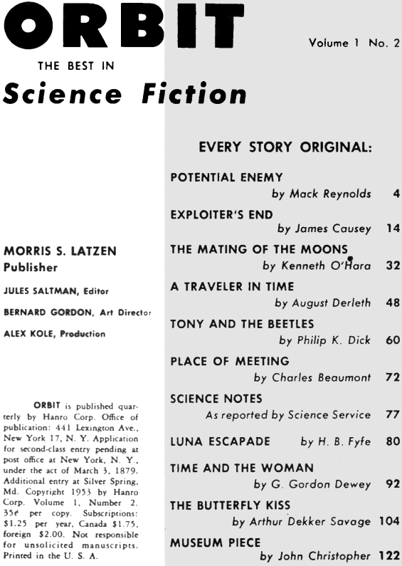 Orbit, No.2, Table of contents (includes Tony And The Beetles by Philip K. Dick)
