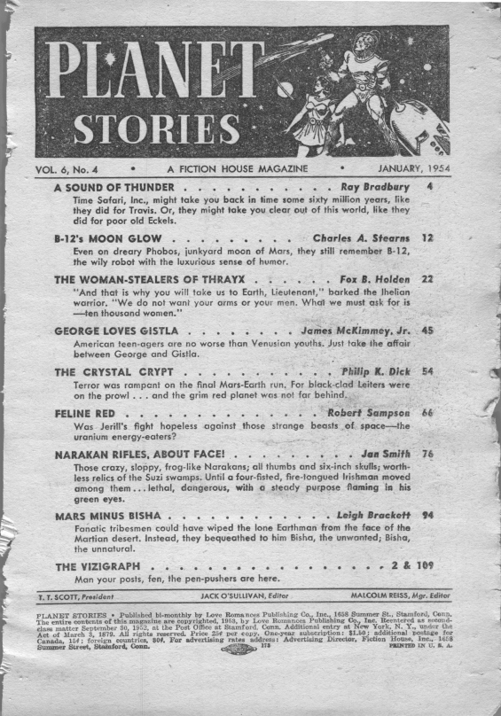 Planet Stories, January 1954 - Table of contents (includes The Crystal Crypt by Philip K. Dick)