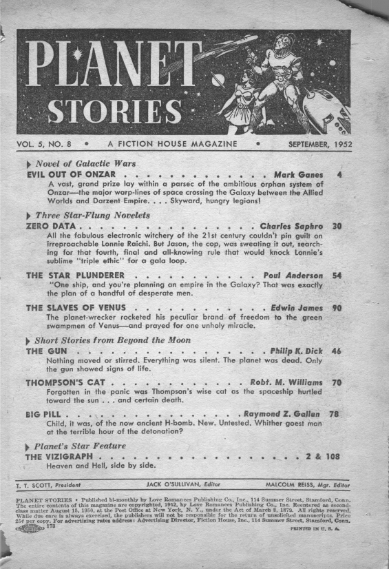 Planet Stories, September 1952 - Table of contents (includes The Gun by Philip K. Dick)