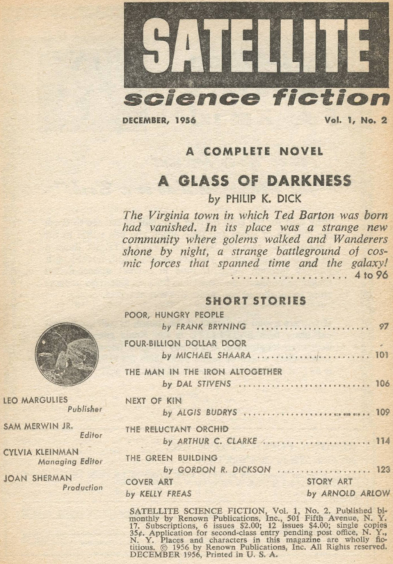 Satellite Science Fiction, December 1956 - table of contents (includes A Glass Of Darkness by Philip K. Dick)