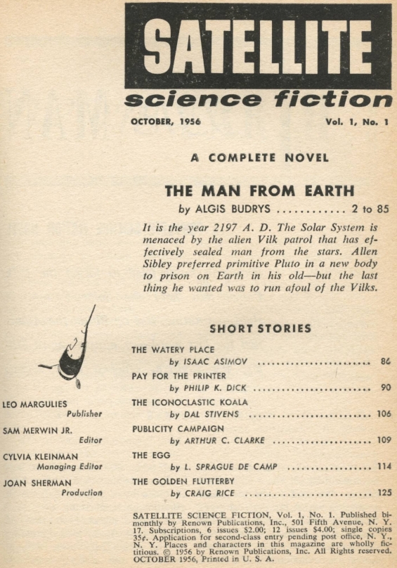 Satellite Science Fiction, October 1956 - table of contents (includes Pay For The Printer by Philip K. Dick)