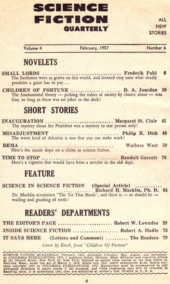 Science Fiction Quarterly, February 1957 - table of contents (includes Misadjustment by Philip K. Dick)