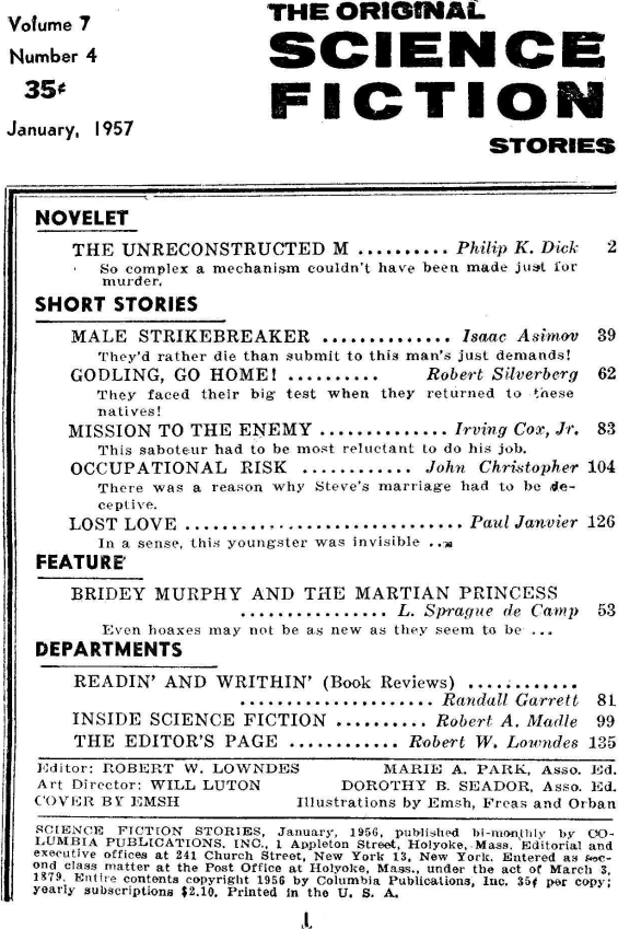Science Fiction Stories, January 1957 - table of contents (includes The Unreconstructed M by Philip K. Dick)