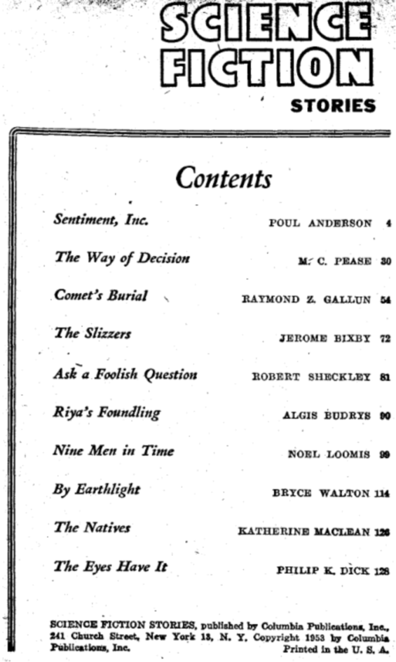 Science Fiction Stories, #1 (1953) - table of contents (includes The Eyes Have It by Philip K. Dick)