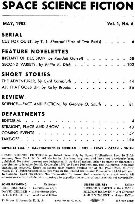 Space Science Fiction, May 1953 - table of contents (includes Second Variety by Philip K. Dick)
