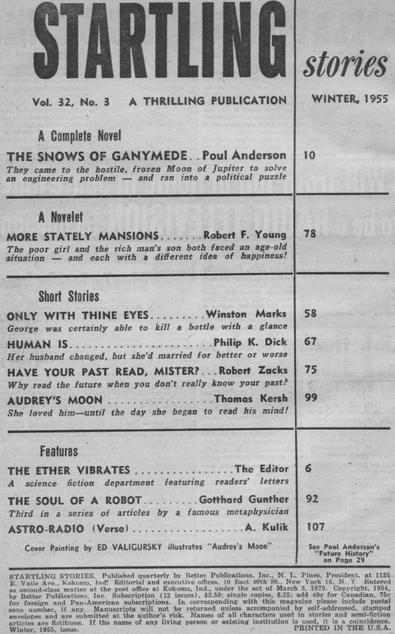 Startling Stories, Winter 1955 - table of contents (includes Human Is by Philip K. Dick)