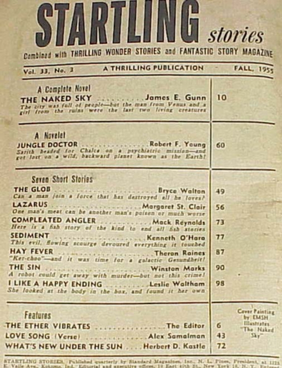 Startling Stories Fall 1955 table of contents