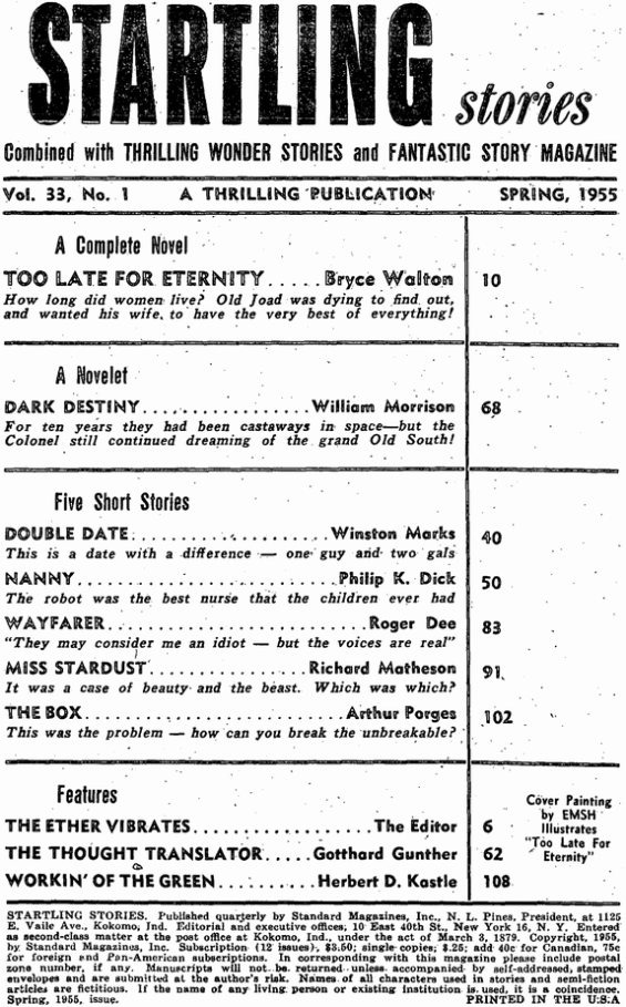 Startling Stories, Spring 1955 Table Of Contents (includes Nanny by Philip K. Dick)
