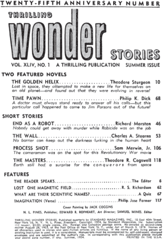 Thrilling Wonder Stories, Summer 1954 - table of contents (includes Time Pawn by Philip K. Dick)