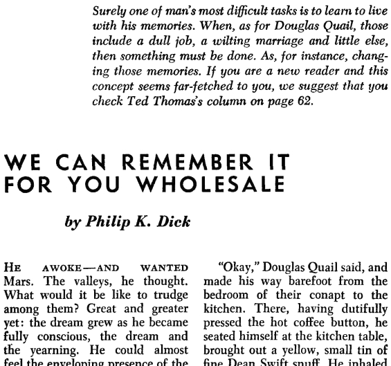 We Can Remember It For You Wholesale - Editorial introduction from F & SF