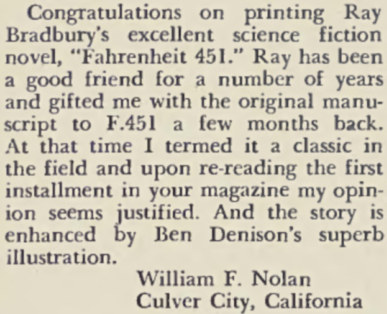 William F. Nolan letter in Playboy, May 1954