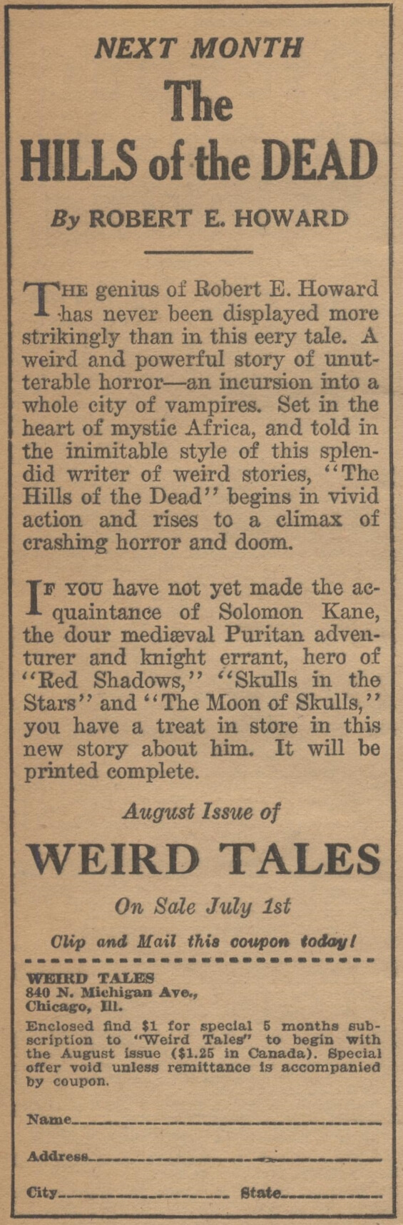 ad for The Hills Of The Dead by Robert E. Howard from WEIRD TALES, July 1930