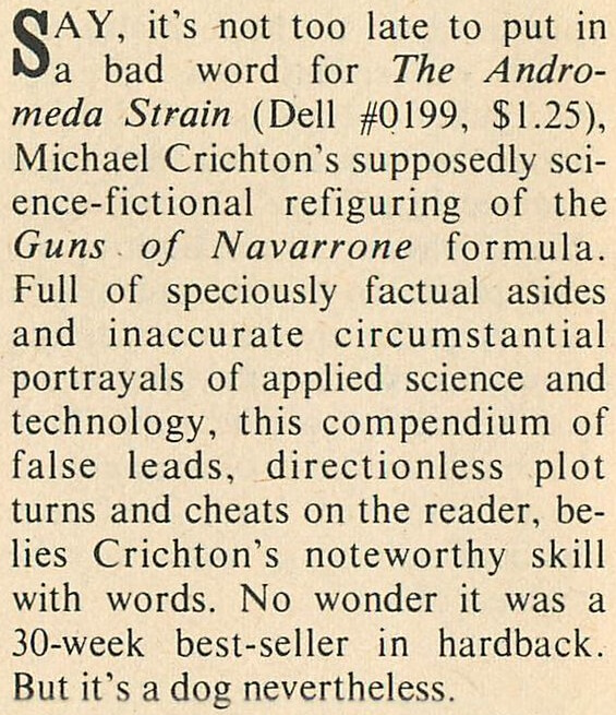 Algis Budrys review of The Andromeda Strain