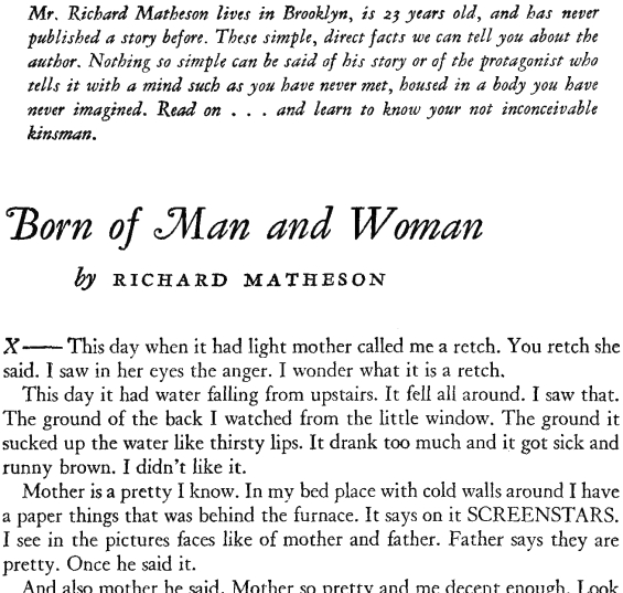 Born Of Man And Woman by Richard Matheson from Fantasy & Science Fiction, Summer 1950