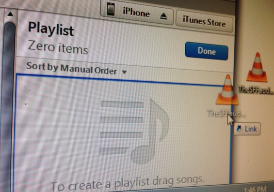 Step 3 - Drag the MP3 file into the now open playlist and click DONE.