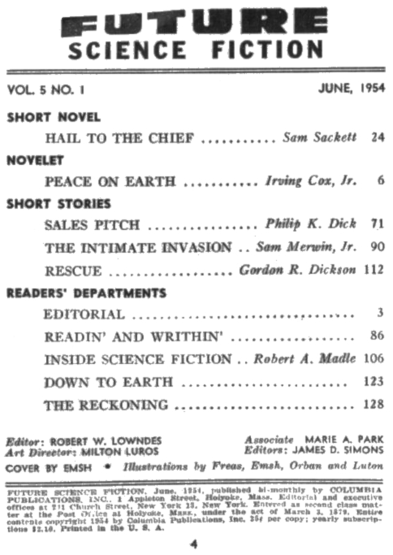 Future Science Fiction, June 1954 - table of contents (includes Sales Pitch by Philip K. Dick)