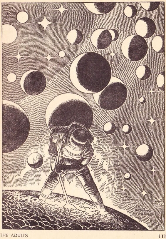 Virgil Finlay's illustrations for PROTECTOR by Larry Niven (aka The Adults) Galaxy June 1967 