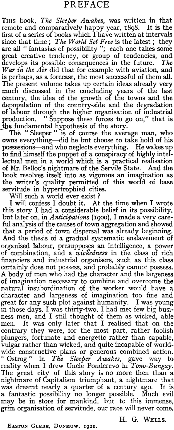 H.G. Wells' 1921 Preface to The Sleeper Wakes