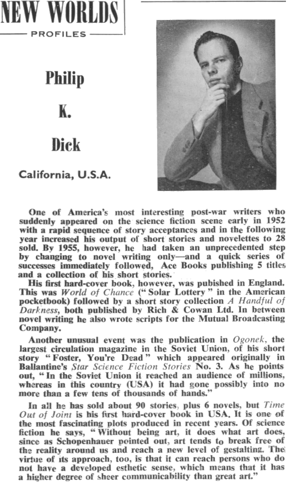 Philip K. Dick profile from New Worlds Science Fiction #89, December 1959