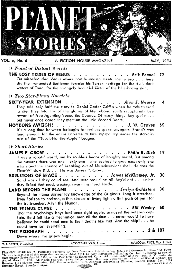 Planet Stories, May 1954 - table of contents (includes James P. Crow by Philip K. Dick)