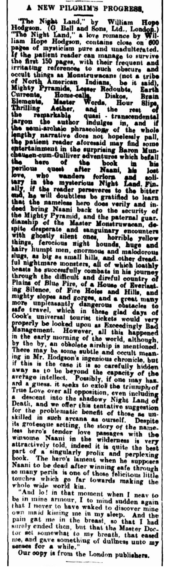Review of The Night Land by William Hope Hodgson from the Western Mail (Perth), June 1, 1912