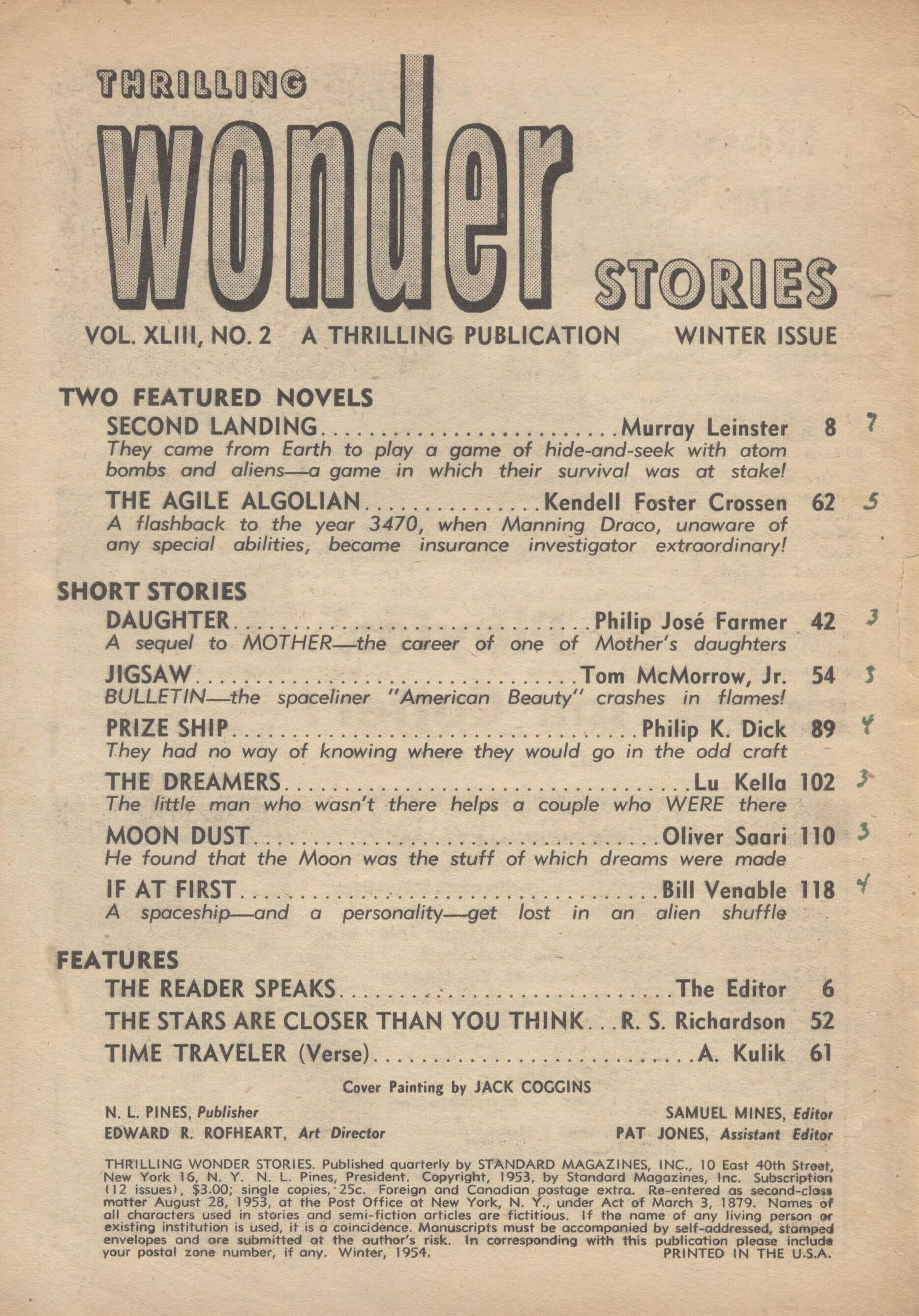 Thrilling Wonder Stories, Winter 1954 - Table of Contents