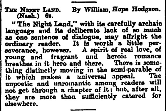 review of THE NIGHT LAND by William Hope Hodgson from The Observer, May 19th, 1912