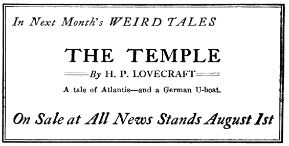 ad for The Temple by H.P. Lovecraft from Weird Tales, August 1925