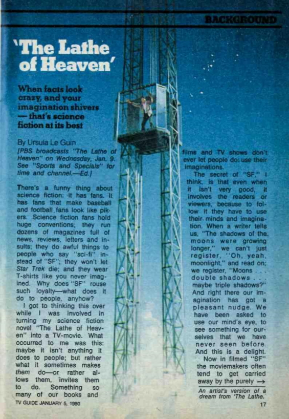 BACKGROUND: THE LATHE OF HEAVEN by Ursula K. Le Guin from TV Guide, January 5 to January 11, 1980