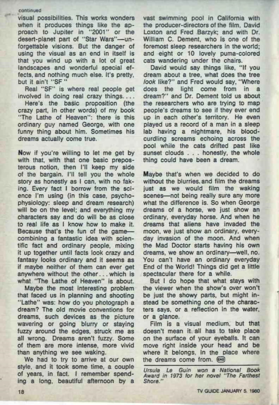 BACKGROUND: THE LATHE OF HEAVEN by Ursula K. Le Guin from TV Guide, January 5 to January 11, 1980